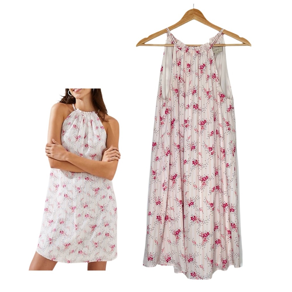 LOFT Floral Sprinkle Sleeveless Halter Swing Dress Size XS White Pink Floral
